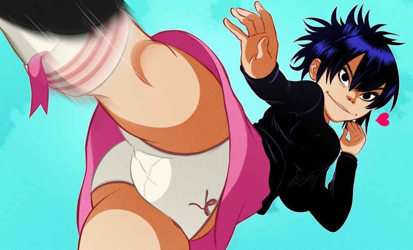 asian ass black_hair black_topwear cameltoe crotch_shot gorillaz heart kicking looking_at_viewer noodle_(gorillaz) panties pantyshot pink_skirt tagme the_fetishism thefetishism underwear upskirt white_panties