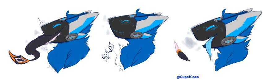 alpha_channel anthro avali black_body black_feathers blue_body blue_fur comic cupofcoco feathers fur headshot_portrait hi_res hybrid machine male male/male mouth_play oral_vore portrait primagen protogen robotic swallowing tongue visor vore