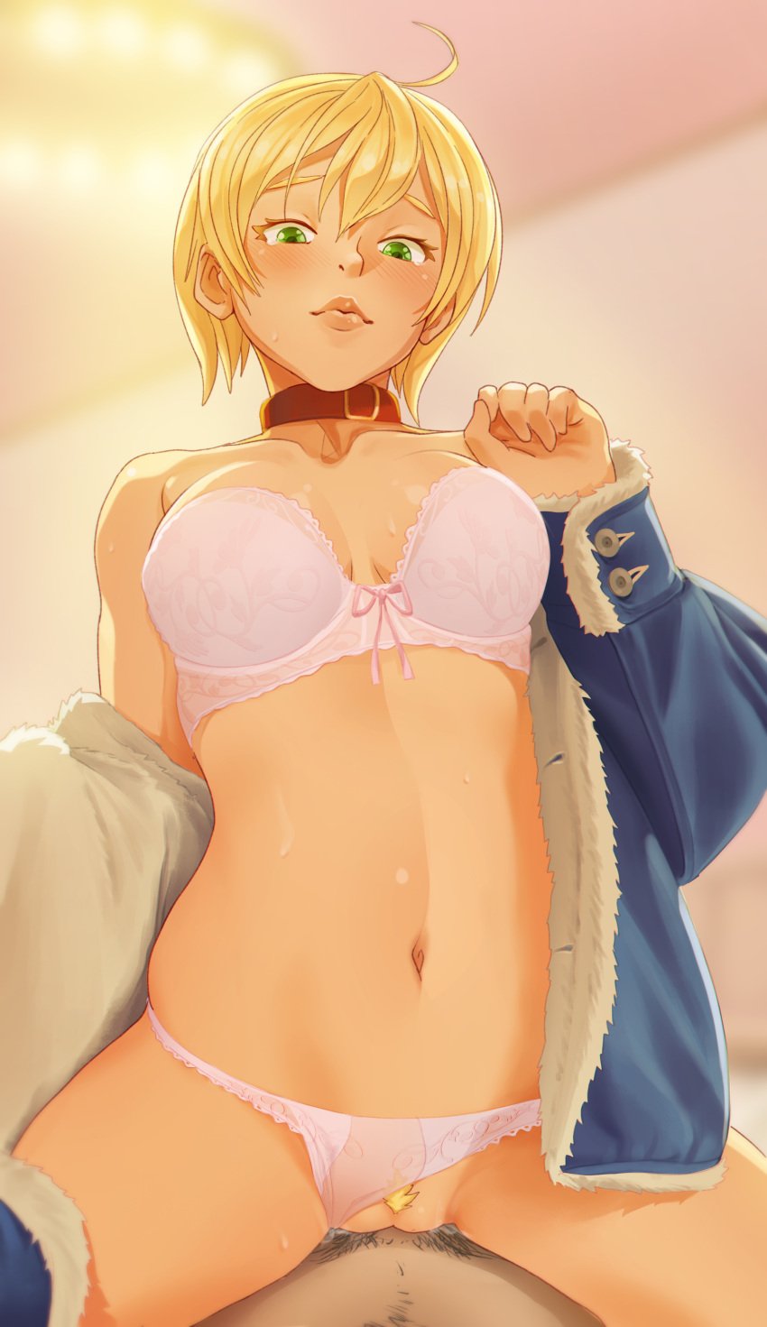 1boy 1girls absurdres aroused big_breasts blonde_hair blue_jacket blush bow bow_bra bra breasts choker clothed_sex collarbone cowgirl_position deep_penetration english_commentary female female_on_top female_pubic_hair fur_trim gintsu green_eyes happy_tears highres jacket lingerie lips looking_down looking_pleasured male_pubic_hair mito_ikumi off_shoulder panties panties_aside pink_panties pov pov_eye_contact pubic_hair pubic_hair_peek pussy red_choker riding_penis sex shokugeki_no_souma short_hair slim_waist solo_focus straddling strapless strapless_bra tearing_up tears teenage_girl teenager uncensored underwear undressing unseen_male_face vaginal_penetration wide_hips