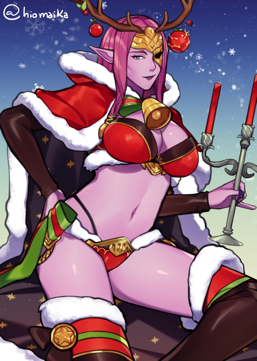 alternate_costume antlers bare_midriff bare_thighs bell big_breasts breasts cape christmas christmas_ornaments cleavage commission cosplay female fire_emblem fire_emblem_echoes:_shadows_of_valentia fire_emblem_gaiden fire_emblem_heroes highres hiomaika hood large_breasts looking_at_viewer nintendo nuibaba purple_skin simple_background smile solo tharja_(fire_emblem) tharja_(fire_emblem)_(cosplay) upper_body