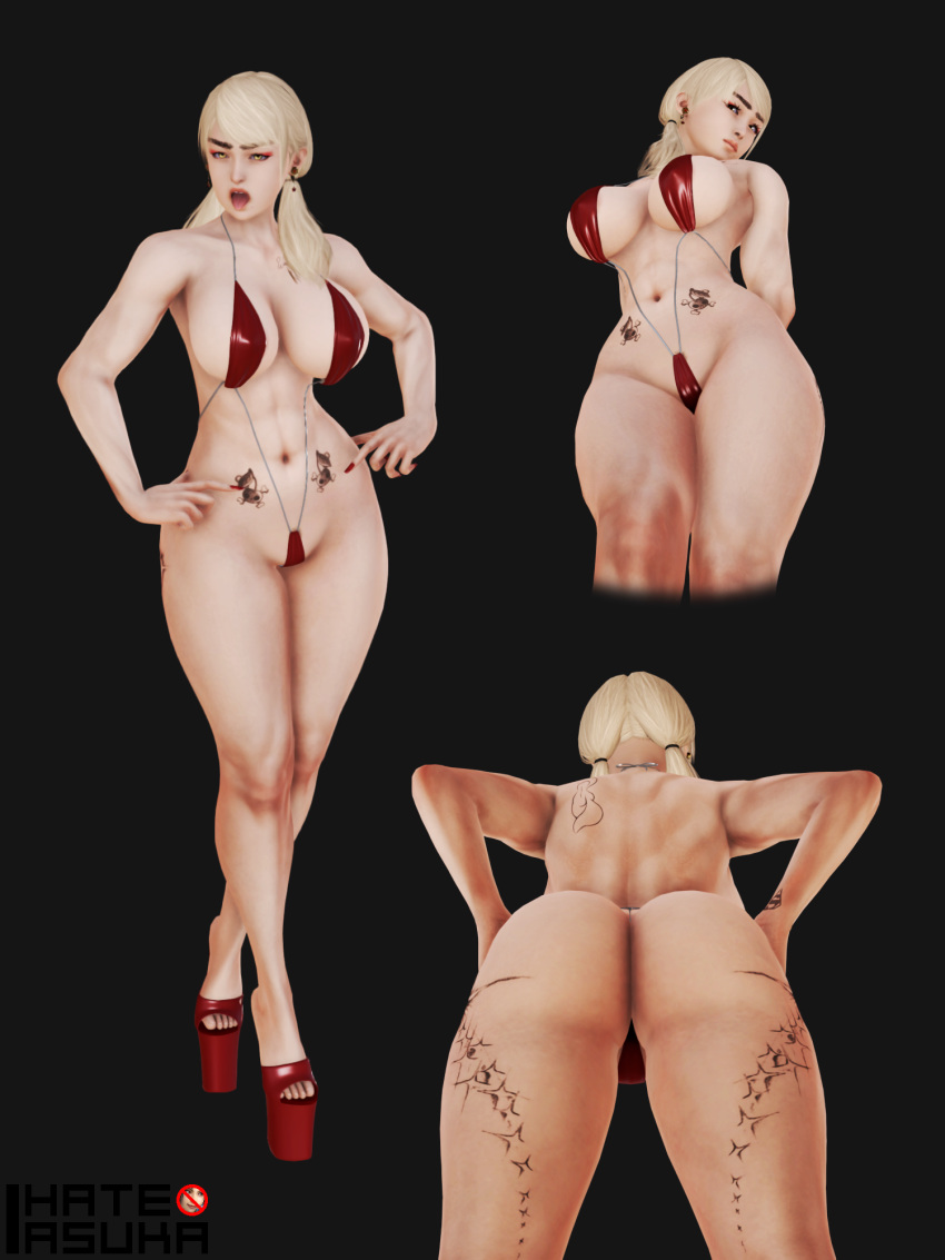 3d abs big_ass big_breasts bikini bimbo blonde_hair breast_implants crossed_legs earrings fake_breasts high_heels honey_select huge_breasts ihateasuka long_nails makeup nails original_character platform_footwear platform_heels simple_background studio_neo tattoo tattoos thick_eyebrows thick_thighs tongue tongue_out twintails yellow_eyes