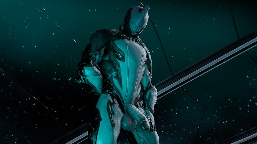 1boy 3d alien bara big_balls big_penis excalibur excalibur_(warframe) gay grey_skin hunk kiss_axe looking_at_viewer muscular muscular_male sci-fi solo space stars thick_thighs warframe yaoi