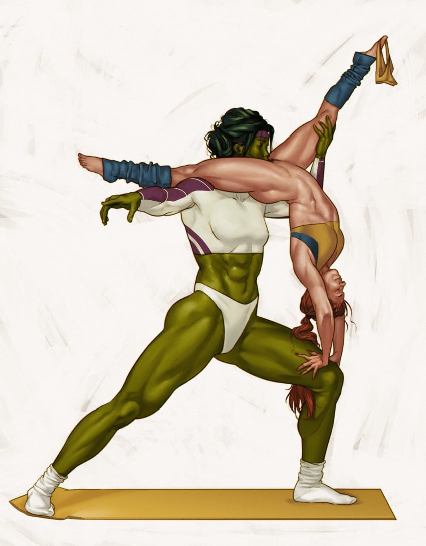 2020 2girls abs acrobatic alternate_version_available athletic_female avengers bottomless_female clothed cunnilingus dima_ivanov female female_only flexible green-skinned_female green_skin gymnastics headband hulk_(series) larger_female legs legwarmers light-skinned_female light_skin marvel marvel_comics multiple_girls muscular_female muscular_thighs panties_around_foot patsy_walker ponytail she-hulk size_difference smaller_female socks thighs tied_hair workout_clothes yoga yoga_mat yoga_pose yuri