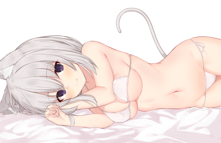 bed breasts cat_ears cat_girl cat_tail female lying memekko nekomata nekomimi original panties purple_eyes skimpy skimpy_clothes string_panties tagme white_hair white_skin