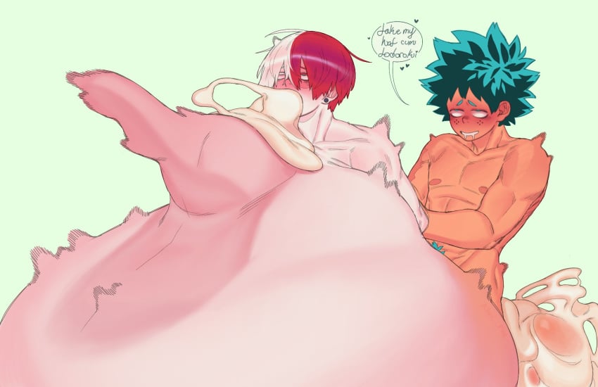 2boys anal belly_bulge cock_sleeve cum cum_in_ass cum_in_mouth cum_inflation cum_inside cum_through cumshot dialogue gay green_eyes heterochromia huge_balls huge_cock huge_testicles human_cocksleeve human_condom hyper_balls hyper_penis hyper_testicles inflation izuku_midoriya kiwi_pug living_sex_toy male_only my_hero_academia nude pierced_ears piercings red_hair shouto_todoroki stomach_bulge white_hair yaoi