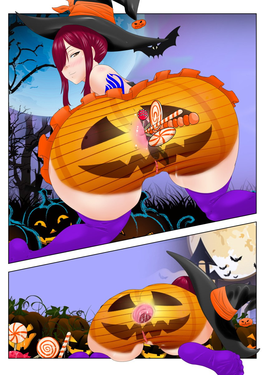 anal_gape anal_object_insertion anus bats bodypaint candies commission copykat copykatcomics erza_scarlet fairy_tail halloween halloween_costume moon pleated_skirt pumpkin pumpkin_butt red_hair skirt witch_costume witch_hat