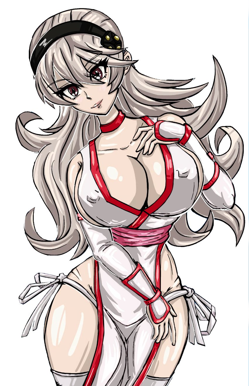 breasts cleavage clothed corrin_(fire_emblem) corrin_(fire_emblem)_(female) cosplay crossover dead_or_alive edit erect_nipples female female_only fire_emblem fire_emblem_fates fire_emblem_heroes highres huge_breasts kasumi_(doa) kasumi_(doa)_(cosplay) kunoichi large_breasts long_hair looking_at_viewer milf nintendo no_bra no_panties no_underwear photoshop platinum_blonde_hair red_eyes redfoil revealing_clothes smile solo tagme white_background