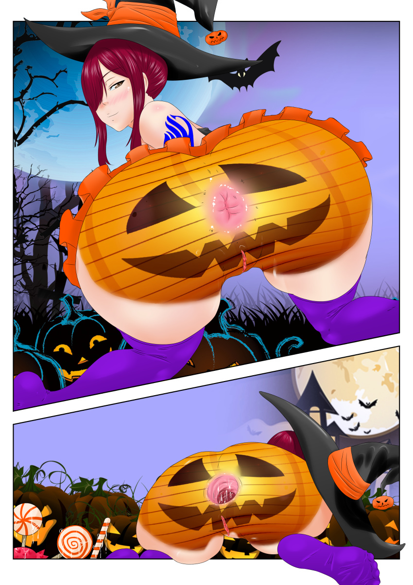 anal_gape anus bats commission copykat copykatcomics erza_scarlet fairy_tail female halloween halloween_costume moon painted pumpkin pumpkin_butt red_hair witch_costume witch_hat