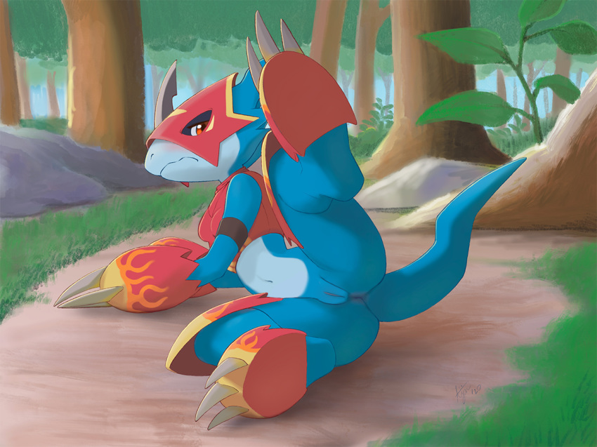 2020 ajin anthro anus ass blush breasts claws detailed_background digimon digimon_(species) edit female flamedramon genderswap genitals horn looking_at_viewer lying navel presenting presenting_anus presenting_pussy pussy raised_leg red_eyes reptile scalie sharp_claws solo