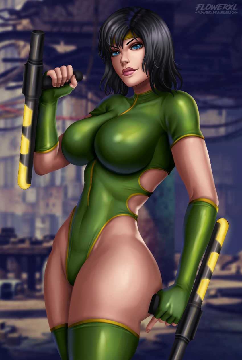 1girls armgloves artist_logo black_hair black_orchid blue_eyes blurry_background clevage female female_only fighter flowerxl green_gloves green_high_heel_boots green_leotard hand_on_weapon huge_ass huge_breasts killer_instinct leotard light-skinned_female light_skin looking_at_viewer orchid_(killer_instinct) purple_lips purple_lipstick rareware ribbon_trim short_hair side_view standing thick_thighs video_game_character video_games weapon