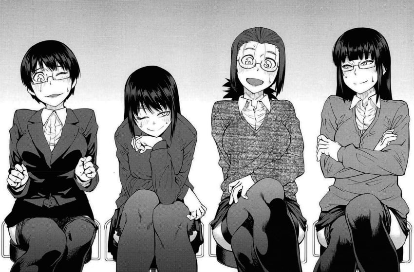 4girls black_hair blush crossed_legs dildo embarrassed glasses greyscale highres implied_masturbation knees_together long_hair masturbation monochrome multiple_girls one_eye_closed open_mouth original pencil_skirt pleated_skirt school_uniform sex_toy shimimaru short_hair sitting skirt smile sweat very_short_hair