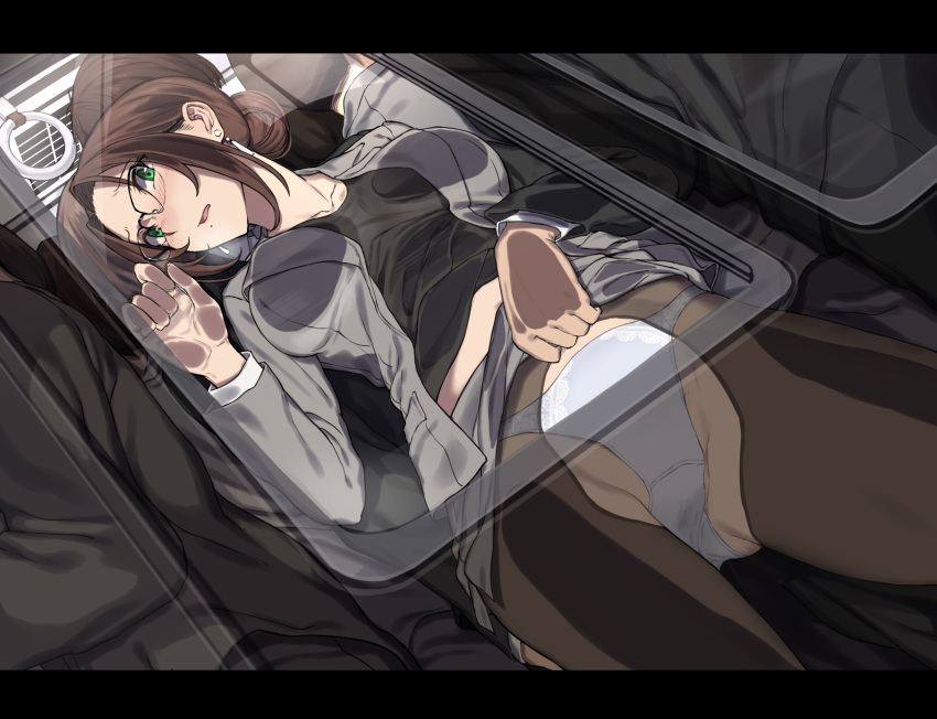 against_glass black-framed_eyewear black_legwear black_shirt blush brown_hair chikan earrings faceless faceless_male female formal glasses grabbing green_eyes grey_blazer grey_skirt groping ground_vehicle hair_bun hair_bun_girl_(nagioka) highres jewelry lifted_by_another midriff miniskirt mole mole_under_mouth molestation nagioka_(sblack) navel office_lady open_mouth original over-rim_eyewear panties pantyhose pencil_skirt public questionable_consent sblack semi-rimless_eyewear shirt sidelocks skirt skirt_lift skirt_suit standing suit torn_clothes torn_legwear train train_interior underwear white_panties