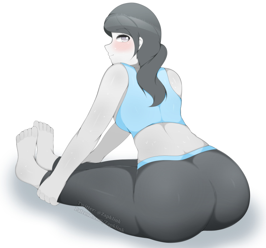 1girls ass blush female female_only from_behind grey_hair grey_skin nintendo small_breasts solo stretching white_background wii wii_fit wii_fit_trainer yoga yoga_pants zapklink
