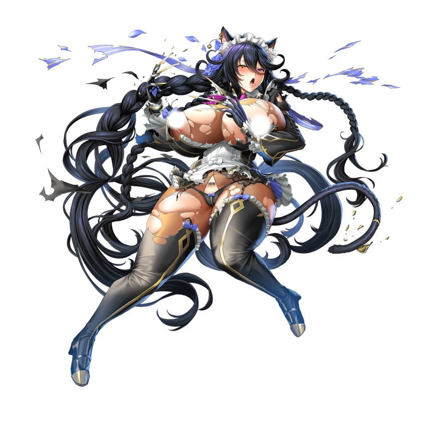 barcode barcode_tattoo blush bodystocking braided_hair cat_ears catgirl censored censored_breasts claws curvy dark_hair fake_animal_ears heterochromia last_origin maid maid_headdress nipple_censor obui official_art poi_(last_origin) ripped_clothing ripped_pantyhose tail tattoo thick_thighs tongue_out transparent_background very_long_hair