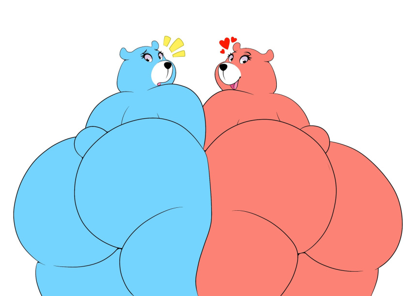 2girls bear blue_fur charmin charmin_bear charmin_ultra_soft_mom charmin_ultra_strong_mom duo ecto_ghouler female female/female female_only furry heart huge_ass looking_at_viewer looking_back mammal presenting_hindquarters red_fur simple_background smile ursa ursid ursine white_background yuri