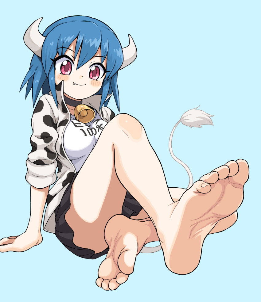 1girls animal_humanoid arm_support bangs barefoot big_eyes black_skirt blue_background blue_hair blush bovine_humanoid breasts clothed cow_girl cow_print cowbell cute cute_fang eyeliner feet female female_only full_body hair_between_eyes horns jacket jashin-chan_dropkick large_breasts minos_(jashin-chan_dropkick) oyatsu_(mk2) pink_eyes pleated_skirt pov_feet presenting presenting_feet shirt short_hair simple_background sitting skirt smile soles solo tail tail_tuft toes