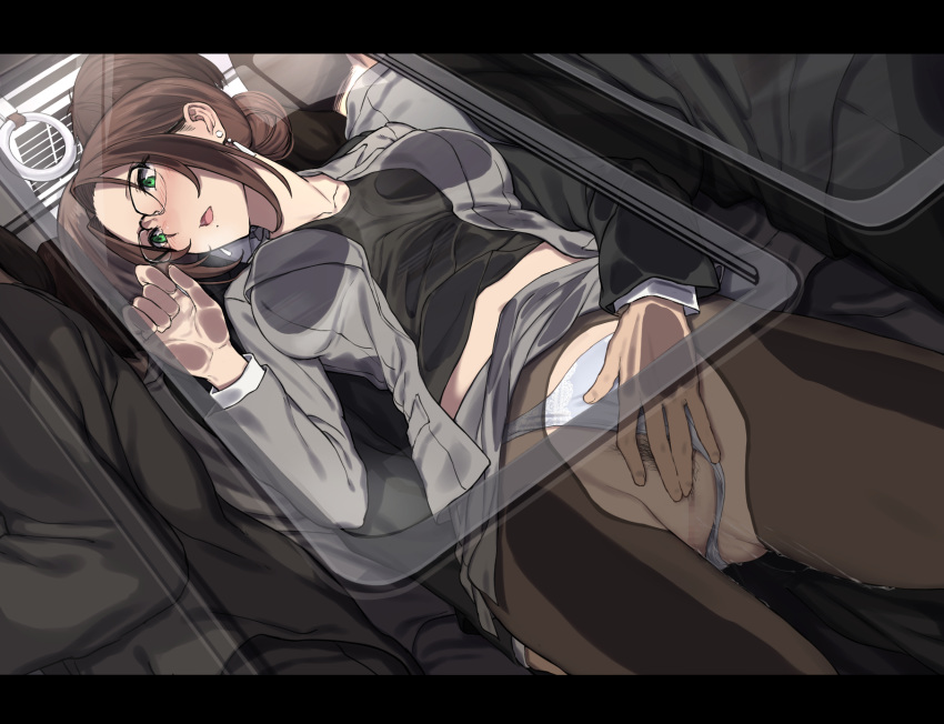 1girls against_glass black-framed_eyewear black_legwear black_shirt blush brown_hair business_suit censored chikan clothed_sex earrings faceless faceless_male female female_pubic_hair fingering formal glasses grabbing green_eyes grey_blazer grey_skirt groping ground_vehicle hair_bun hair_bun_girl_(nagioka) highres jewelry light-skinned_female light_skin midriff miniskirt mole mole_under_mouth molestation mosaic_censoring nagioka_(sblack) navel office_lady open_mouth original over-rim_eyewear panties panties_aside pantyhose pencil_skirt pubic_hair public pussy pussy_juice questionable_consent sblack semi-rimless_eyewear sex_in_skirt shirt sidelocks skirt skirt_lift skirt_suit standing suit torn_clothes torn_legwear train train_interior underwear white_panties