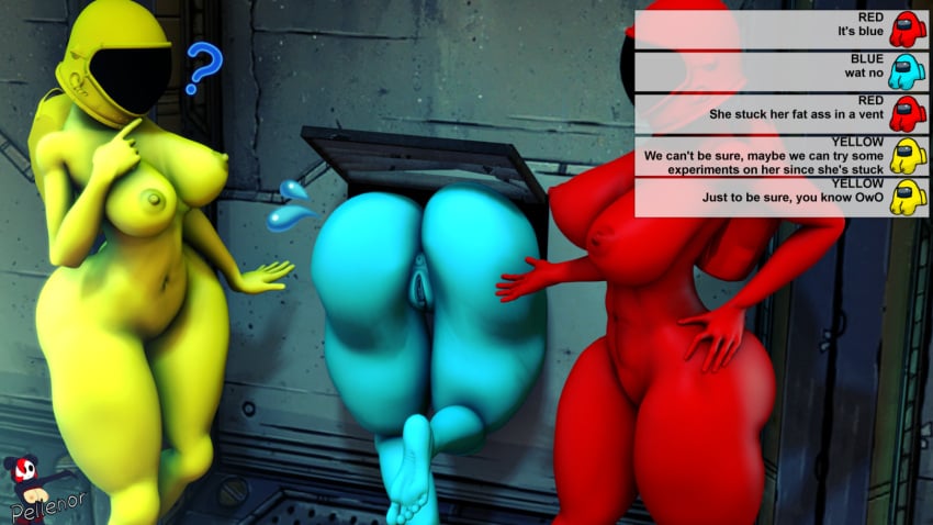 3d 3girls abs accidental_exposure accidentally_stuck alien among_us anus areolae ass backpack barefoot blue_(among_us) breasts chat chat_log curvaceous curvy_figure english english_text erect_nipples female female_only female_with_female finger_to_chin finger_to_mouth hand_on_hip helmet helpless huge_ass huge_breasts imminent_rape impostor_(among_us) muscular narrow_waist navel nipples nude owo pellenor pussy red_(among_us) red_nipples red_skin space_helmet spoken_question_mark stuck stuck_in_vent stuck_in_wall sweatdrop text thick thick_thighs vent wide_hips yellow_(among_us) yellow_nipples yellow_skin