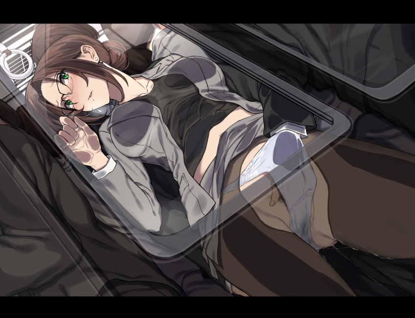 against_glass black-framed_eyewear black_legwear black_shirt blush brown_hair chikan earrings faceless faceless_male female fingering formal glasses grabbing green_eyes grey_blazer grey_skirt groping ground_vehicle hair_bun hair_bun_girl_(nagioka) hand_in_another's_panties hand_in_panties highres jewelry midriff miniskirt mole mole_under_mouth molestation nagioka_(sblack) navel office_lady open_mouth original over-rim_eyewear panties pantyhose pencil_skirt public pussy_juice questionable_consent sblack semi-rimless_eyewear shirt sidelocks skirt skirt_lift skirt_suit standing suit torn_clothes torn_legwear train train_interior underwear wet wet_panties white_panties