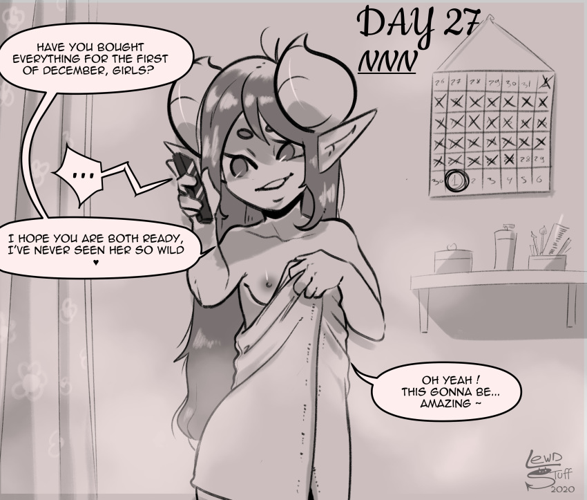 1girls areolae breasts calendar_(object) demon dialogue english_text female female_only horns humanoid lewdstuff long_ears mia_(lewdstuff) monochrome no_nut_november original page_27 petite phone shower solo standing steam succubus talking_on_phone text