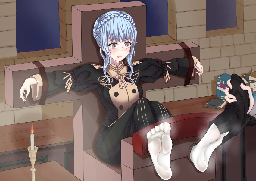 1girls artist_request blue_hair blush bondage brown_eyes cross dress feet fire_emblem fire_emblem:_three_houses foot_fetish garreg_mach_monastery_uniform high_heels indoors light_blue_hair marianne_von_edmund medium_hair nintendo restrained scared short_hair smell smelly_feet socks solo_focus sweatdrop terrified tickling tied_to_cross