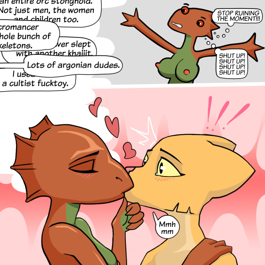 anthro argonian bethesda_softworks blush comic duo english_text female female/female katia_managan kissing oblivion prequel profanity quill-weave ratbloke scalie simple_background speech_bubble surprise_kiss text the_elder_scrolls video_games webcomic yuri