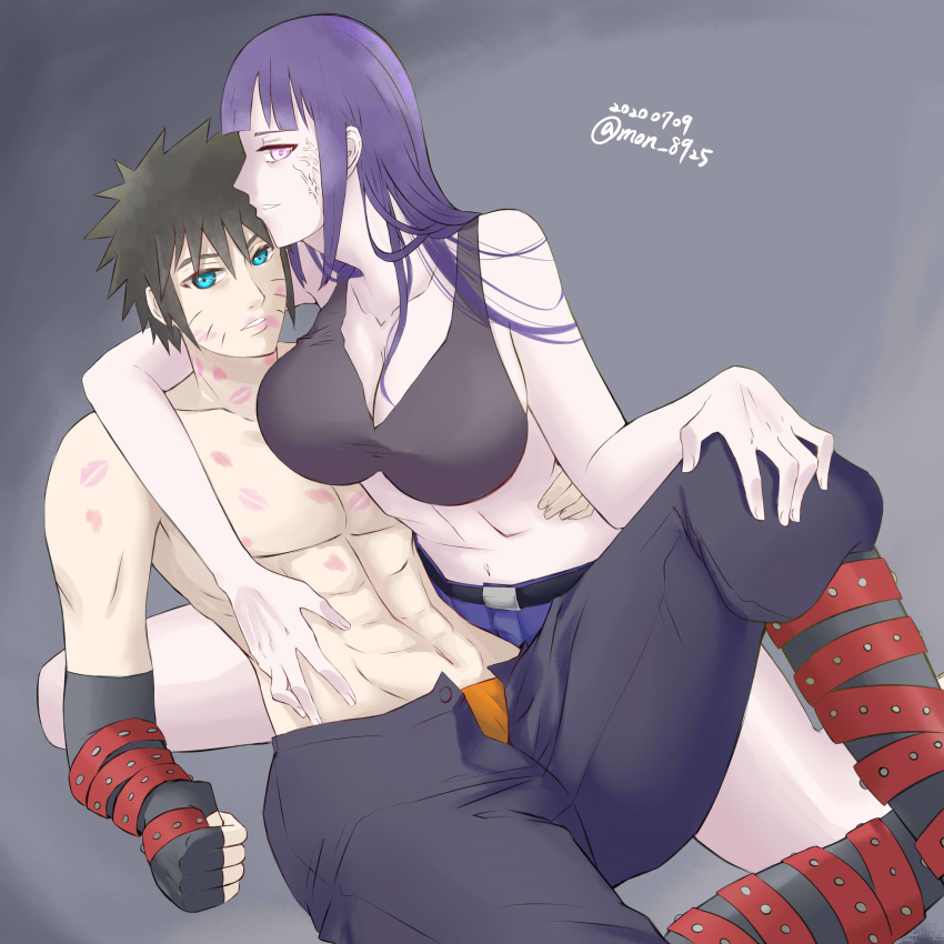 1boy 1boy1girl 1girls abs big_breasts black_hair blue_eyes breasts byakugan cleavage clothing detached_sleeves elbow_gloves fingerless_gloves gloves holding_partner huge_breasts hyuuga_hinata hyuuga_hinata_(naruto:_road_to_ninja) kiss_marks kneeling long_hair looking_at_viewer lying lying_on_person naruto naruto:_road_to_ninja naruto_(series) naruto_shippuden open_pants pants partially_clothed purple_hair shirtless short_shorts spread_legs unbuttoned underwear uzumaki_menma veins violet_eyes whisker_markings whiskers