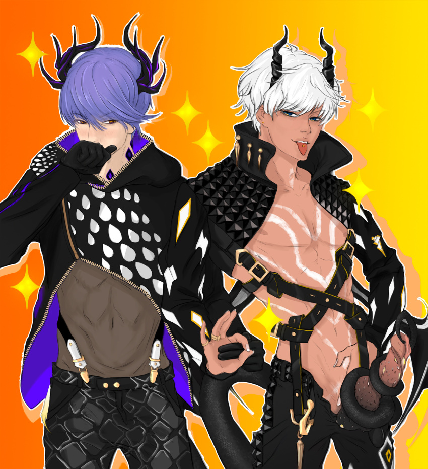 blush brother/brother brothers dark-skinned_male dark_skin embarrassed horns incest leviathan_(obey_me) male_only mammon_(obey_me) obey_me!_one_master_to_rule_them_all partially_clothed purple_hair tagme tail tongue_out tongue_piercing white_hair