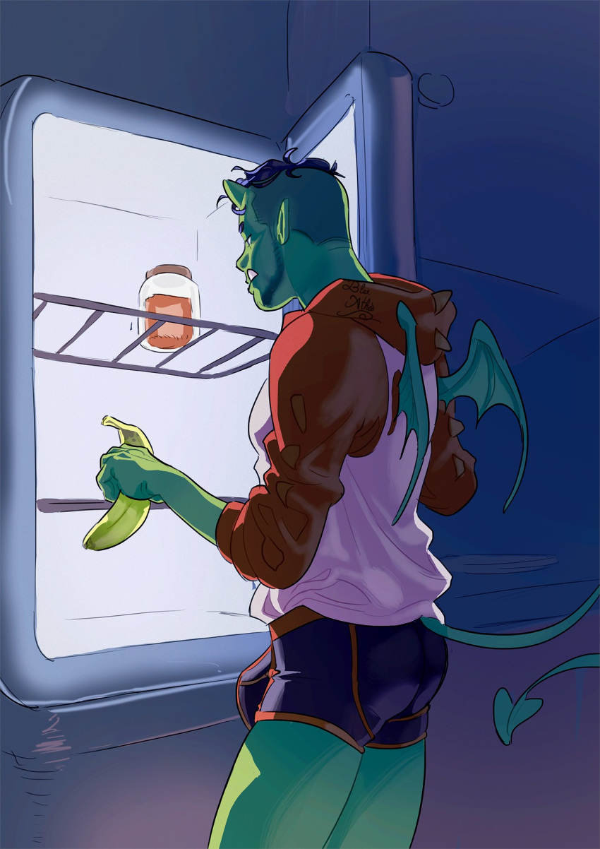 blue_athes bulge fridge gay green_skin male male_only night orc orc_male refrigerator solo sweatshirt tail underwear wings