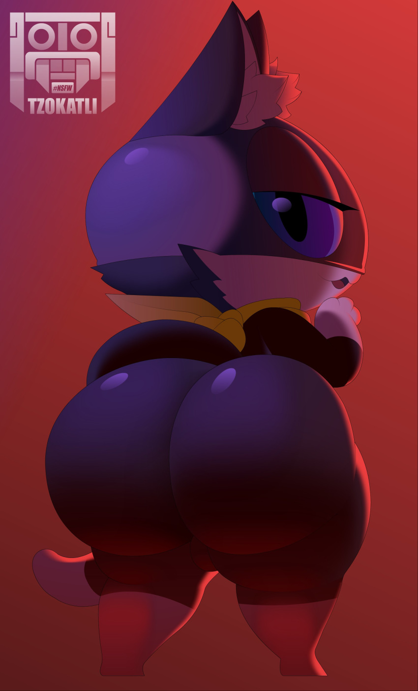 1boy 2020 anthro ass backsack balls big_ass black_fur bottom_heavy bubble_ass felid feline felis femboy furry furry_only gradient_background huge_ass large_ass looking_at_viewer looking_back male male_only morgana_(persona) no_humans nude persona persona_5 solo testicles thick_thighs thighs tzokatli watermark wide_hips zenminch