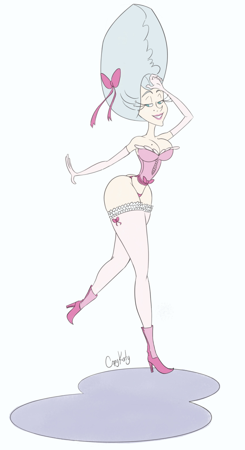 1girls animaniacs animaniacs_(2020) beauty_mark big_breasts blue_eyes breasts cleavage copykaty corset gloves high_heels marie_antoinette marie_antoinette_(animaniacs) panties pink_lipstick smile solo solo_female thighhighs underwear warner_brothers