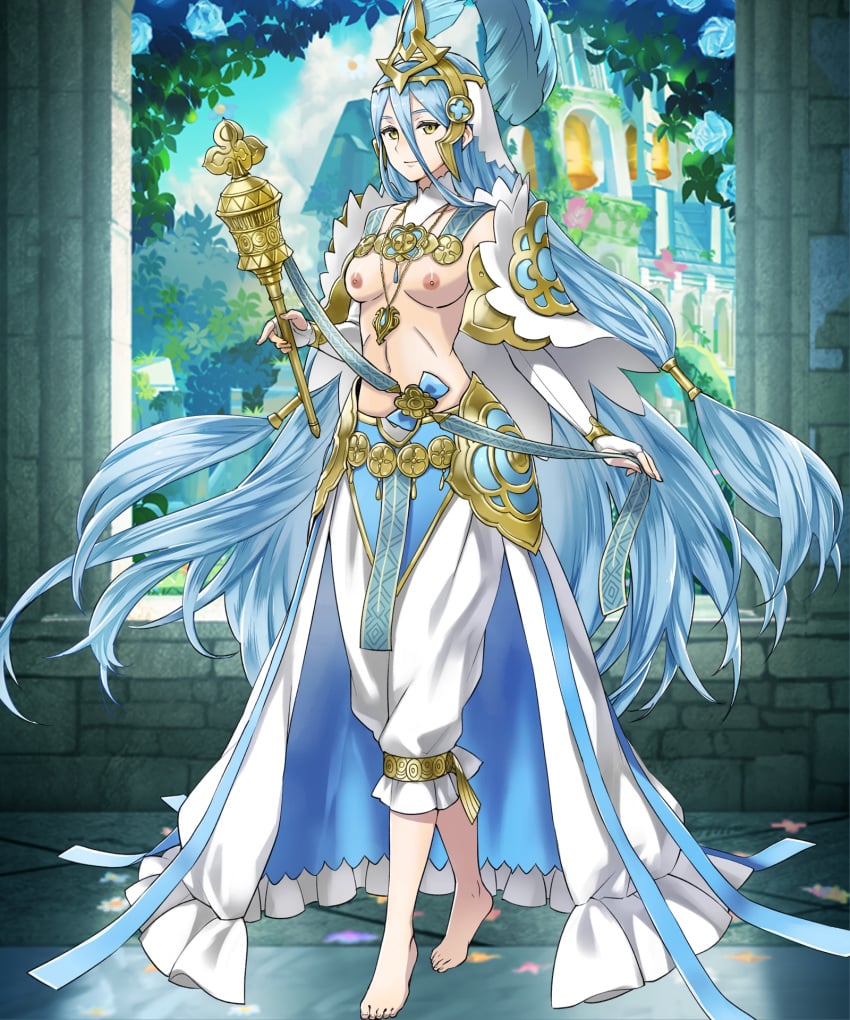 1girls alternate_costume aqua_hair azura_(fire_emblem) azura_(vallite_songstress)_(fire_emblem) bare_midriff barefoot blue_hair breasts breasts_out detached_sleeves edit edited_official_artwork fire_emblem fire_emblem_fates fire_emblem_heroes headdress light_blue_hair long_hair looking_at_viewer necklace nintendo nipples nude_edit nude_filter samuraijam34 smile solo solo_female songstress topless very_long_hair yellow_eyes