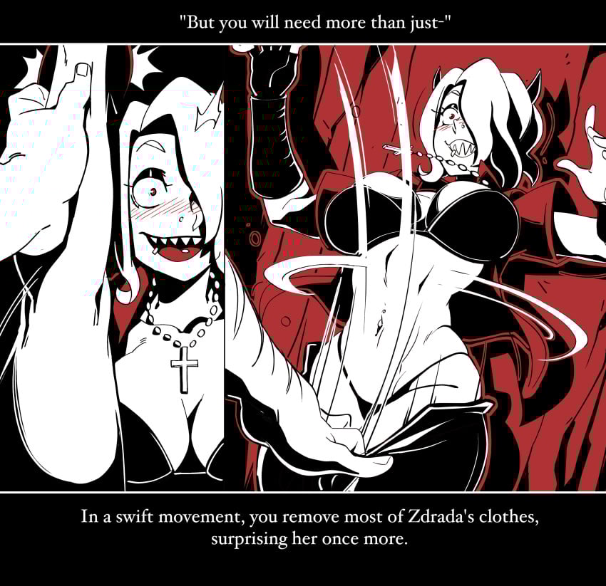 big_breasts blush breasts comic demon_girl domination helltaker male maledom nisego thick_thighs wide_hips zdrada_(helltaker)