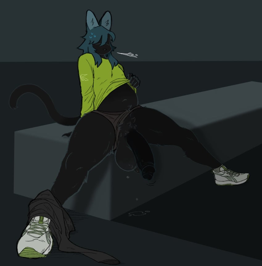 anthro balls big_balls big_penis black_body black_fur black_penis blue_hair bodily_fluids clothed clothing felid feline footwear fur garth_(wyrt) genitals hair hi_res male male_only mammal pants_down partially_clothed penis serval shoes simple_background sneakers solo spread_legs spreading sweat sweaty_balls sweaty_genitalia tagme tired wyrt_(artist)