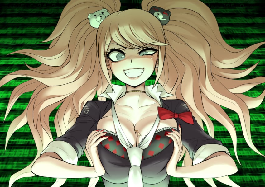 akizora bangs bear_hair_ornament black_bra blonde_hair blue_eyes bow bra breast_press breast_squeeze breasts choker cleavage clenched_teeth collarbone commentary_request danganronpa danganronpa_2:_goodbye_despair evil_grin evil_smile eye_twitch female frilled_bra frills giantess grin gyaru hair_ornament half-closed_eye highres junko_enoshima large_breasts long_hair macro_female micro micro_in_cleavage micro_on_macro miniboy nail_polish necktie person_between_breasts picot_trim picot_trim_bra pressing_breasts_together red_bow red_bra red_nails school_uniform sleeves_rolled_up smile smooth_skin solo_focus twintails two-tone_bra underwear white_neckwear