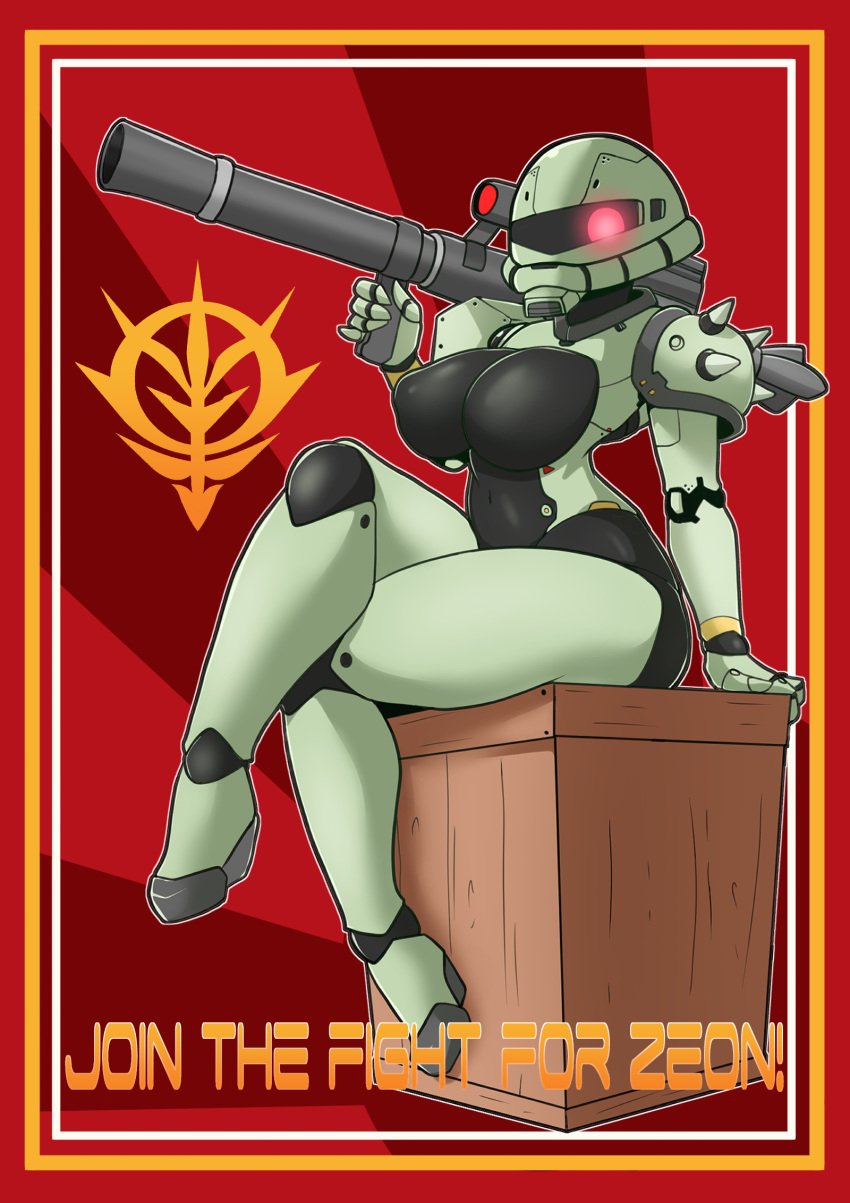 1girls 2020 box breasts curvaceous female gundam humanoid large_breasts mecha mobile_suit_gundam nipples pinup propaganda robot robot_girl sitting solo weapon wide_hips zaku zzvinniezz