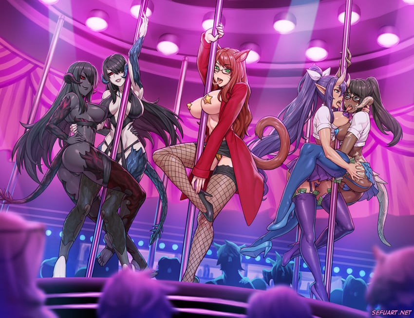 5girls au_ra black_hair black_sclera brown_hair cat_ears cat_tail coat elf_ears final_fantasy final_fantasy_xiv garter_belt garter_belt_leggings garter_straps glasses heels horns leggings licking money money_under_clothes multiple_girls pasties pointy_ears purple_hair raen red_eyes red_hair saliva schoolgirl_outfit see-through sefuart skirt square_enix string_panties strip_club stripper stripper_pole stripping tail third-party_edit tongue tongue_out trenchcoat xaela yuri