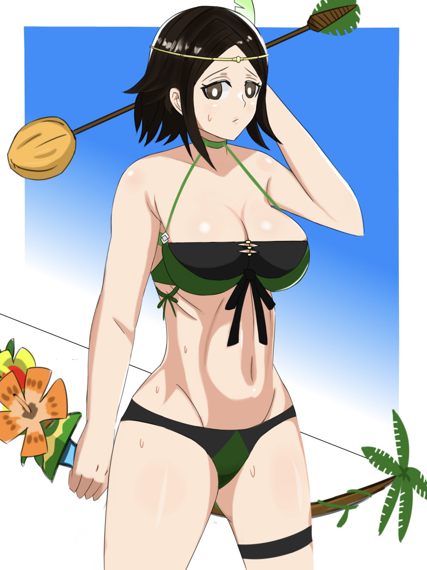 1girls arrow big_breasts bikini black_eyes black_hair bow cleavage female fire_emblem fire_emblem_awakening fire_emblem_heroes green_bikini green_swimsuit large_breasts nintendo noire_(fire_emblem) noire_(summer)_(fire_emblem) pibu short_hair solo solo_female sweat swimsuit