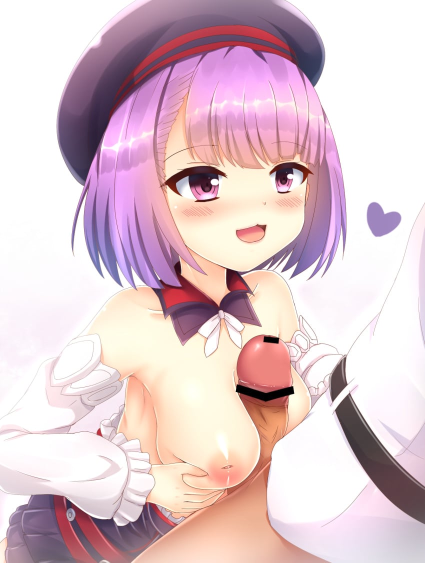 1boy 1girls :3 areolae baby_face bare_shoulders beret blush bottomless breasts censored erection eyebrows_visible_through_hair fate/grand_order fate_(series) female hat heart helena_blavatsky_(fate) highres kane-neko large_breasts male open_mouth paizuri penis purple_eyes purple_hair short_hair short_purple_hair solo_focus straight topless