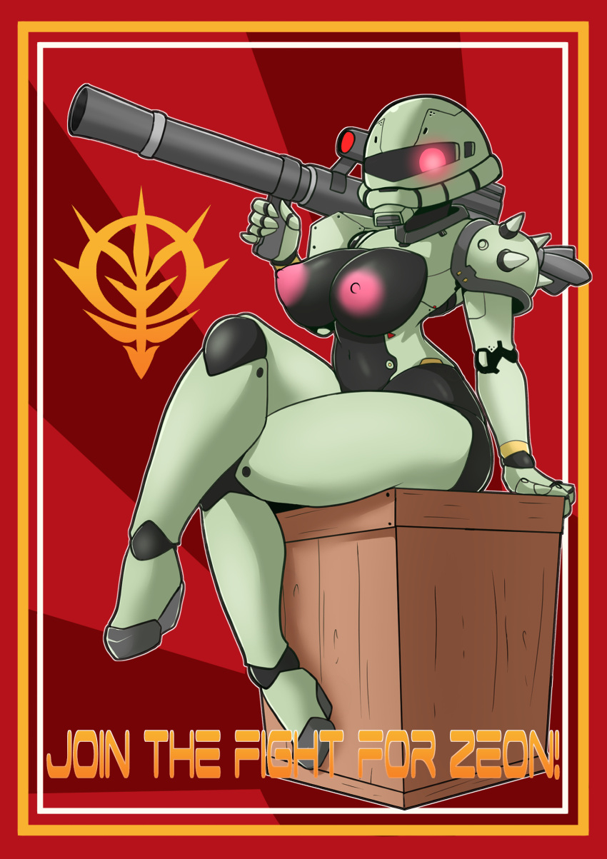 1girls 2020 big_breasts box breasts curvaceous english_text erect_nipples female gundam humanoid large_breasts mecha mobile_suit mobile_suit_gundam nipples pinup propaganda robot robot_girl sitting solo text thick_thighs weapon wide_hips zaku zeon zzvinniezz