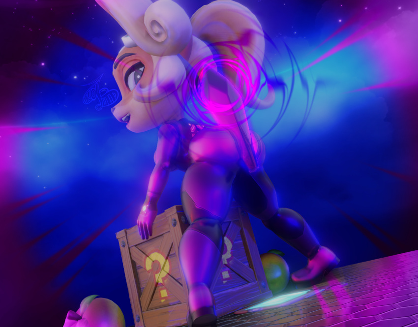 3d activision anthro ass bent_over big_butt blender_(software) blonde_hair clothing coco_bandicoot crash_(series) crate crystal female food fruit glistening glistening_clothing green_eyes hair holding_object_between_buttocks looking_back metroid nintendo object_between_ass open_mouth plant shortstack skintight_clothing space thick_thighs video_games wumpa_fruit zandybutt zero_suit