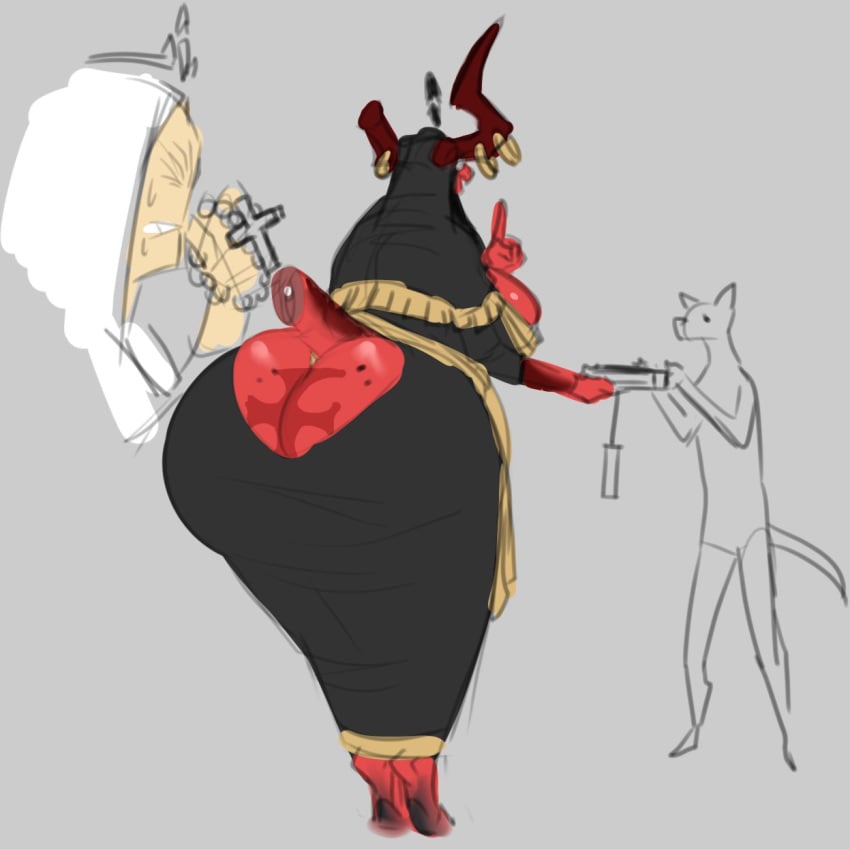 1girls 2boys anthro cross cut_tail demon dongwongtang horn huge_ass huge_breasts hyper_bimbo looking_at_another original priest red_skin robe tail talking_to_another tattoo