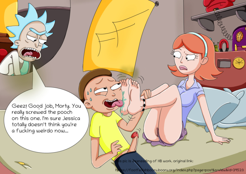 1girls 2boys feet female foot_fetish foot_folk foot_worship jessica_(rick_and_morty) male morty_smith multiple_boys rick_and_morty rick_sanchez smelly_feet