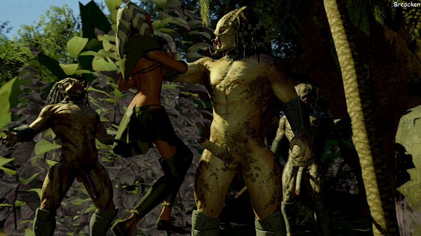 1girls 3boys 3d ahsoka_tano alien alien_girl alternate_costume alternate_version_available breacken_(artist) clone_wars crossover deviantart female forest imminent_rape interspecies male naked nude nude_male penis predator predator_(franchise) source_filmmaker star_wars togruta yautja