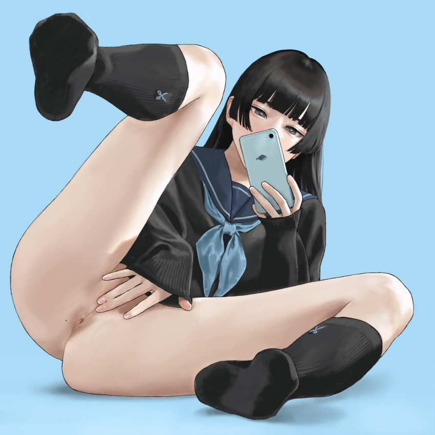 1girls anus anus_only ass asshole bangs black_eyes black_hair black_legwear blue_background blunt_bangs bottomless butthole cellphone clothing covered_mouth covering covering_crotch female female_only full_body half-closed_eyes highres hime_cut hiramedousa holding holding_phone kneehighs leg_lift leg_up legs_apart long_hair long_sleeves looking_at_phone mole mole_on_ass neckerchief no_shoes original phone presenting presenting_anus pussy pussy_peek reclining school_uniform selfie serafuku simple_background sitting sleeves_past_wrists smartphone solo solo_focus spread_legs spreading