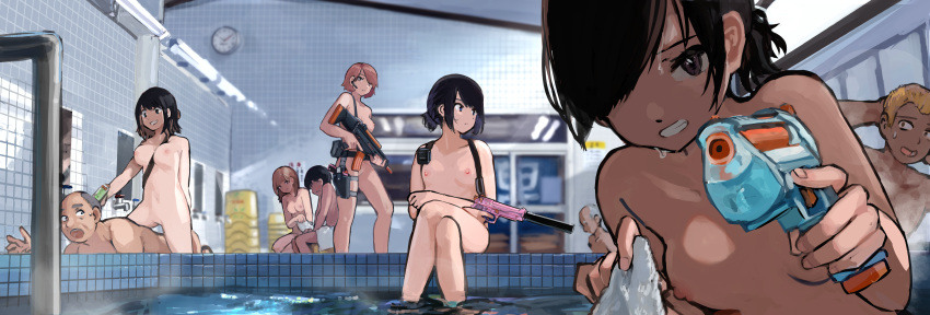 4boys 5girls absurdres arms_behind_head artist_request assault_rifle assisted_exposure bald bath bath_stool bathhouse bathing belt between_breasts blonde_hair blue_eyes bob_cut breasts brown_eyes brown_hair clock closed_mouth colored_inner_hair commentary covering crossed_legs curtains earpiece expressionless faucet finger_on_trigger firearm fluorescent_lamp glasses grey_hair grin gun gun_to_head hair_over_one_eye hair_up handgun highres holding holding_gun holding_towel holding_weapon holster kneeling large_breasts looking_at_another looking_at_viewer looking_back lying magazine_(weapon) medium_breasts medium_hair mirror morakkyo_(mephilas_g3) multicolored_hair multiple_boys multiple_girls naughty_face nipples nude nude_cover on_stomach on_stool open_mouth original pov raised_eyebrows rifle short_hair short_ponytail shoulder_holster sign sitting sliding_doors small_breasts smile steam stool straddling strap strap_between_breasts suppressor sweatdrop tactical_nudity thigh_holster tile_wall tiles towel translated trigger_discipline two-tone_hair wall_clock water_drop water_gun weapon wet wet_hair