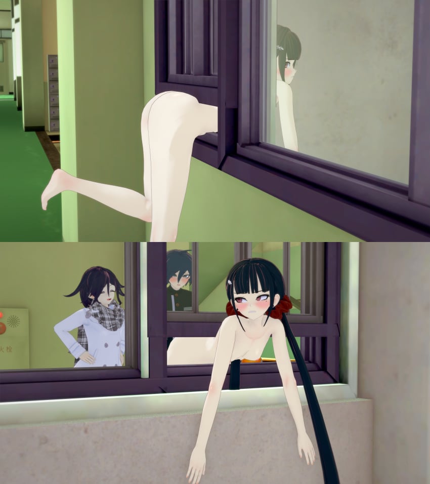 3d completely_nude danganronpa danganronpa_v3 embarrassed enf female harukawa_maki nude ouma_kokichi public_nudity saihara_shuuichi straight_hair stuck stuck_in_window ultimateenf