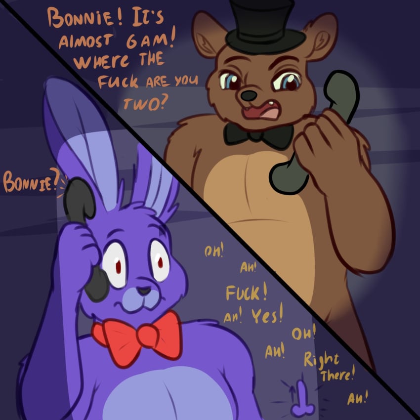 aquas_sirenix blue_eyes bonnie_(fnaf) clothing five_nights_at_freddy's freddy_(fnaf) genitals hat headgear headwear hi_res humor lagomorph leporid male mammal penis rabbit text top_hat ursid video_games