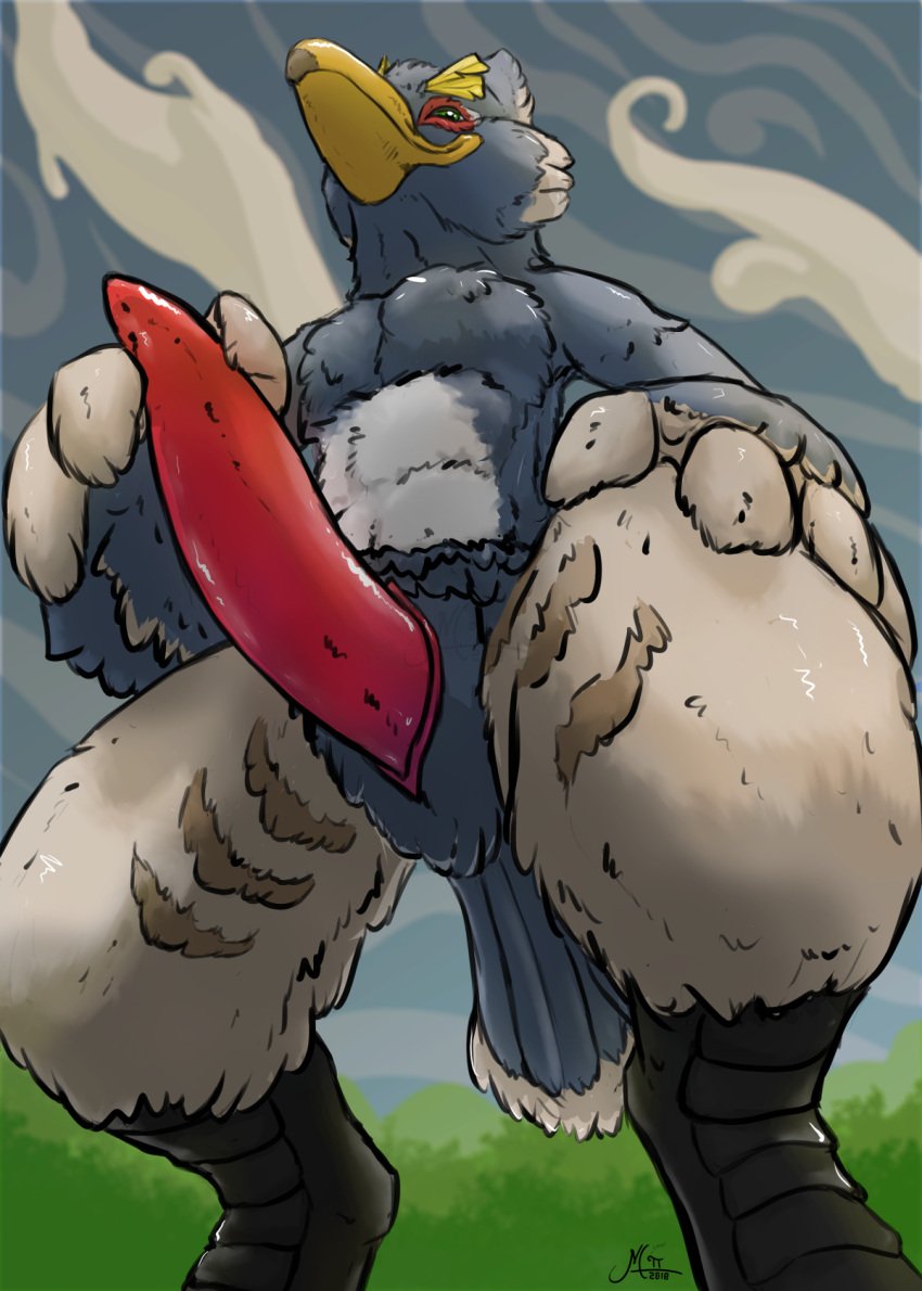 2018 animal_genitalia anthro avian big_penis black_feet breath_of_the_wild erection feathers genital_slit genitals hand_on_penis hi_res huge_cock low-angle_view magpi male male_only nintendo outside penis portrait revali rito slit solo tapering_penis the_legend_of_zelda thick_thighs three-quarter_portrait video_games