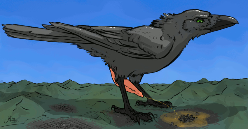 2018 4_toes animated anisodactyl avian bird black_body black_feathers black_feet blue_sky bodily_fluids city corvid corvus_(genus) crow feathers feral genital_fluids genitals green_eyes macro magpi male mega_macro mountain oscine passerine peeing penis pink_penis sky solo tapering_penis throbbing_penis toes urine urine_flood